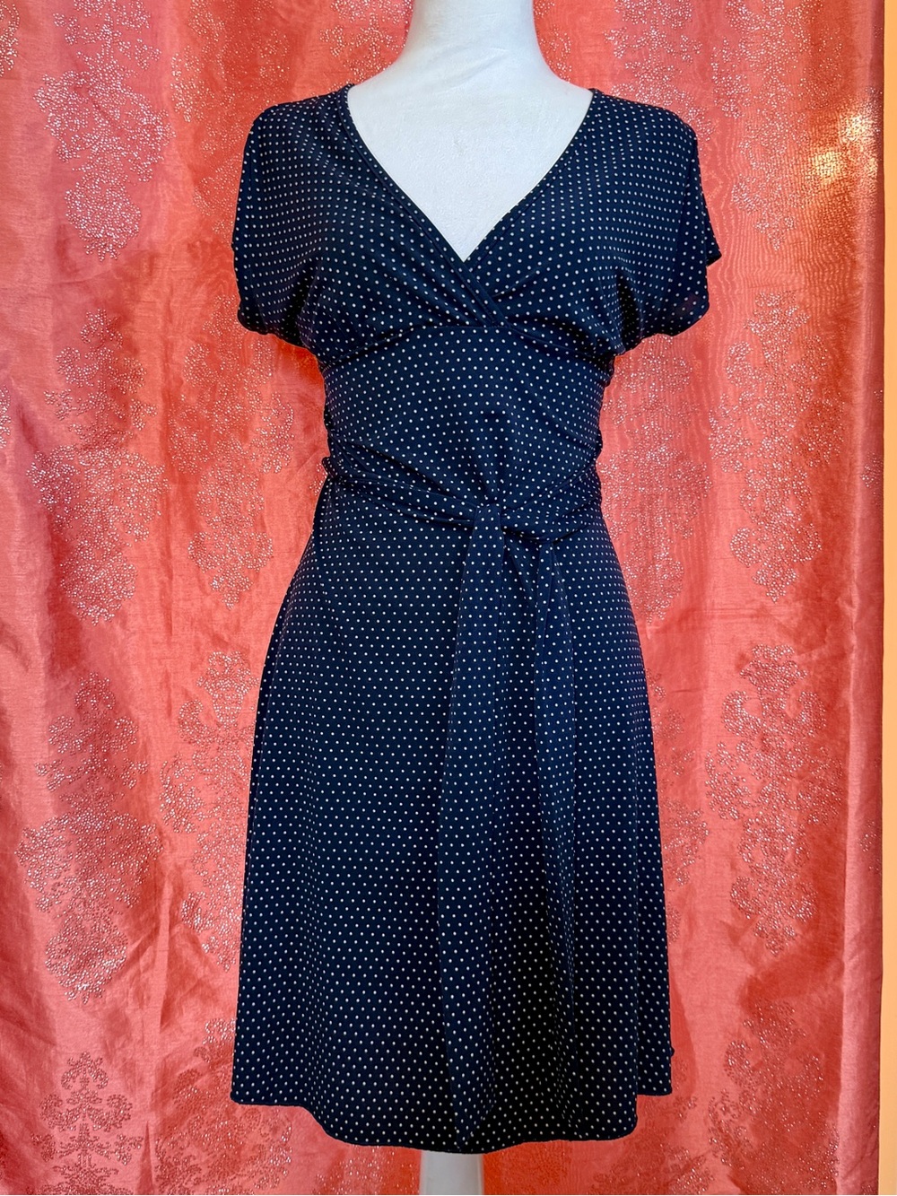Vintage Body Central Polka Dot V-Neck Short Sleeve Dress in Navy - Picture 2 of 8